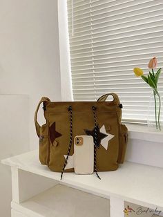 BirdinBag - Stylish Drawstring Hobo Bag with Star Patch - Large, Casual, Nylon Material Casual Star-shaped Shoulder Bag For School, Casual Star-shaped Shoulder Bag For Everyday, Casual Star-shaped Shoulder Bag, Geometric Type, Diy Supplies, Hobo Bag, Messenger Bag, 4 Inch, Bag Lady