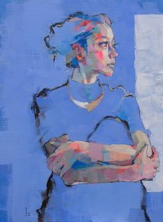 a painting of a woman with her arms crossed in front of a blue background,