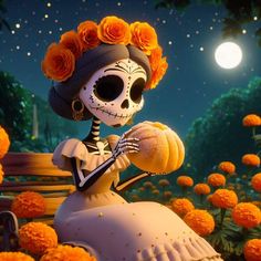 a skeleton sitting on top of a bench in a field full of orange flowers at night