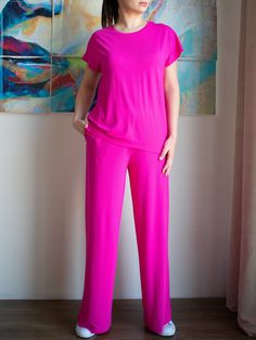 Soft casual jersey set women, Pajama loungewear, top and bottom sleepwear rayon set, HOMEWEAR women Pink Relaxed Fit Top For Loungewear, Pink T-shirt For Summer Loungewear, Spring Wide-leg Lounge Sleepwear, Full-length Spring Loungewear Sleepwear, Pink Cotton T-shirt For Loungewear, Homewear Woman, Homewear Fashion, Jazz Dress, Team Bride Shirts