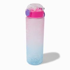 a pink and blue water bottle on a white background