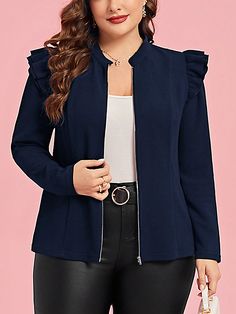 Plus Size Casual Solid Color Ruffled Hem Jacket, Spring/Fall Navy Blue   Long Sleeve Knitted Fabric  Other Slight Stretch  Women Plus Clothing, size features are:Bust: ,Length: ,Sleeve Length: Navy Blue Long Sleeve, Plus Size Coats, Wool Blend Jacket, Blue Long Sleeve, Kids Sleepwear, Plus Size Casual, Long Sleeve Knit, Ruffle Hem, Wide Leg Jeans