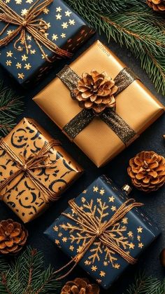 christmas presents wrapped in gold and blue wrapping paper with pine cones on the side next to them