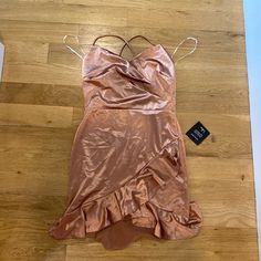 Lulu's Satin Rose Gold Ruffled Bodycon Mini Dress Rose Party Dress With Ruffles, Rose Fitted Dresses With Ruffles, Fitted Rose Dress With Ruffles, Backless Lace Dress, Ruffle Bodycon, Dresses Satin, Red Bodycon, Mini Sheath Dress, Red Bodycon Dress