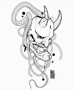 a black and white drawing of a demon with horns on it's head, surrounded by snakes