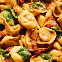 pasta with spinach and sun dried tomatoes is shown in this close - up photo