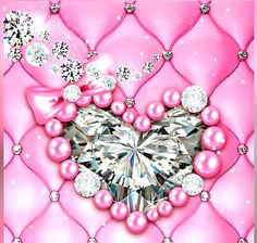 a heart - shaped diamond surrounded by pearls and diamonds on a pink quilted background