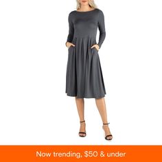 in stock Review Dresses, Women Midi, Womens Tights, Socks And Tights, Trending Now, Fit Flare Dress, Fit And Flare Dress, Gray Dress, Fit & Flare