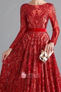 Red Sequin Ball Formal Gown Long Sparkle Prom Dress - Lunss Ball Gown Long Sleeve, Flounce Pattern, Red Formal Gown, Celebrity Brides, Gown Long Sleeve, Sequin Ball Gown, Sparkle Prom Dress, Bardot Midi Dress, Dress Train