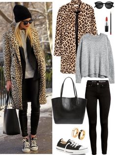 Leopard Outfit, Leopard Print Outfits, Leopard Outfits, Leopard Coat, Leopard Print Coat, Rocker Chic, Looks Street Style, Print Coat, Casual Winter Outfits