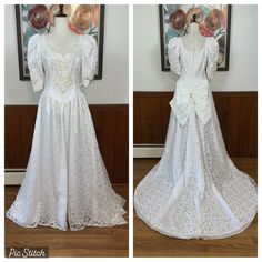 two pictures of the same wedding dress on display