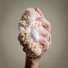 a hand holding a white object with water on it