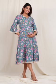 Floral Print Maternity Dress With Breast Feeding Zip Printed Cotton Pregnancy Wear Gown Nursing Kurtis Gifts For Mom. Floral Print Maternity Dress. Suitable for Pre and Post Pregnancy. With Concealed Zip for Ease in Nursing. Comfortable for Night and Day. Skin and Baby Safe Fabric.  100% Cotton Fabric. Size--XS, S, M, L, XL, 2XL, 3XL, 4XL, 5XL, 6XL. Length - 48 Inches. Hand block Print Fabric.  Customisation Can be Done.  Wash Care :  Do Not Soak or Tumble Dry. Cold Water Wash Using Mild Deterge Spring Cotton Maternity Dress, Maternity Cotton Dress Nursing Friendly, Blue Cotton Maternity Dress, Spring Maternity Gown With Long Sleeves, Cotton Nursing Friendly Dresses For Maternity, Long Sleeve Floral Print Maternity Dress, Maternity Maxi Dress Nursing Friendly, Nursing Friendly Maternity Maxi Dress, Maternity Nursing Friendly Maxi Dress