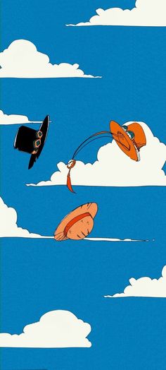 two people are flying kites in the blue sky with white clouds and one person is wearing an orange hat