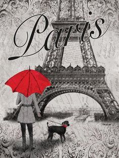 a woman holding an umbrella standing next to a dog in front of the eiffel tower