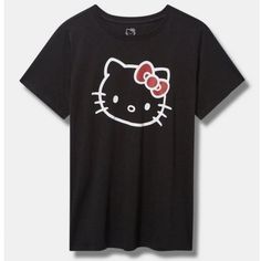 Torrid Nwt Hello Kitty Classic Fit Cotton Crew Tee Product Details Fit Measures 30" From Shoulder (Size 2). Classic Fit: Fitted Up Top, Eased Through The Body. Materials + Care Cotton Blend Knit Fabric. 60% Cotton, 40% Polyester. Machine Wash Cold. Tumble Dry Low. Imported. Details Crew Neckline. Short Sleeves. Hello Kitty Graphic. Fitted Black Hello Kitty Top, Fitted Black Hello Kitty Print Top, Black Hello Kitty Print Short Sleeve Top, Fitted Black Top With Hello Kitty Print, Casual Black Hello Kitty Print Top, Casual Black Hello Kitty Top, Black Cat Design T-shirt, Black Hello Kitty, Kitty Clothes