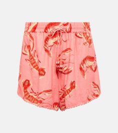 Lobsters printed linen-blend shorts in pink - Farm Rio | Mytheresa Printed Cotton Beachwear Bottoms, Printed Shorts For Beach Season Loungewear, Printed Shorts For Beach Loungewear, Printed Loungewear Shorts For Beach Season, Printed Cotton Bottoms For Vacation, Linen Beachwear Bottoms With Drawstring, Linen Drawstring Beachwear Bottoms, Casual Pink Linen Shorts, Pink Tie-waist Beach Bottoms