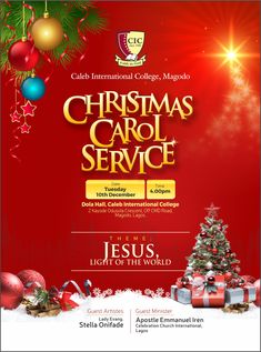 the christmas carol service flyer is shown with presents and ornaments in red, yellow and green