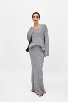 Structured Knitted Maxi Skirt Knitted Maxi Skirt, Knit Maxi Skirt, Sweater Grey, Jeans Rock, Knitwear Cardigan, Gray Skirt, V Neckline, Knitted Jumper, Na Kd