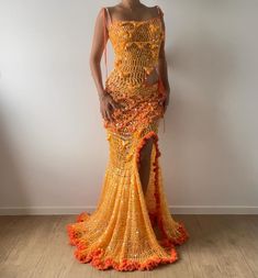 Crochet Prom Dress, Graduation Dress Outfit, Crochet Prom Dresses, Crochet Fits, Orange Crochet, Aesthetic Old, Royal Aesthetic, Dress Graduation