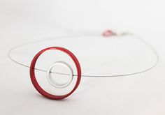 Necklace Uranus  Contemporary Jewelry   by TurkanaDesign on Etsy Geometric Jewelry Design, Bold Jewelry, Red Necklace, Necklace Red, Modern Necklaces, Anodized Aluminum, Circle Necklace, Contemporary Jewelry, Modern Jewelry