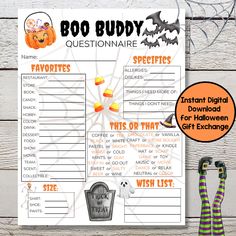 halloween boo buddy questionnaire with candy and pumpkins