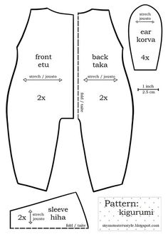 the front and back sides of a sewing pattern with measurementss for each piece, including two