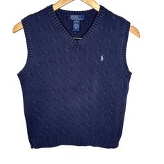 BRAND: Polo Ralph Lauren STYLE: Sweater CONDITION: Pre-owned, in excellent used condition. FABRIC: 100% cotton SIZE: Kids Medium | Women's Small Ralph Lauren Vest Women, 80s Ralph Lauren, Ralph Lauren Sweater Vest, Ralph Lauren Vest, Kids Vest, 90s Sweater, Polo Ralph Lauren Sweater, Ralph Lauren Style, Blue Vests