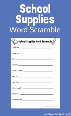 the school supplies word scramble is shown on a blue background with white writing and an image of