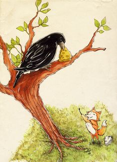 a bird sitting on top of a tree branch next to a fox and another animal