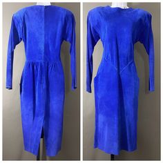 "Brilliant cobalt blue suede dress with rounded neckline, big shoulder pads, long sleeves, curved front pockets at center front shaped waist seam. Back has gathers  below waistline seam, 11\" high center back slit for ease of walking and center back zipper closure. Unlined. Classic bold, bright 80s fashion! Purchased in Atlanta in 2017. MEASUREMENTS  Bust 37\" Waist 32\" Hip 42\" Length 43\" Sleeve Length 22\" Label reads \"Firenze Santa Barbara. Size L. Made in USA. 100% Genuine Leather. Dry Cl Blue Suede Dress, Vintage Long Sleeve Dress, Big Shoulders, Vintage Long Sleeve, Suede Dress, Rounded Neckline, 80s Fashion, Dress With Pockets, Blue Suede