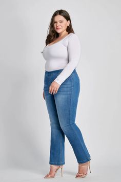 LEG-100 {Ms. Cello} Dark Denim PETITE Pull On Flare Jeggings PLUS SIZE – Curvy Boutique Plus Size Clothing Mid Size Fashion, Stretchy Jeans, Dark Denim, Jeggings, Plus Size Outfits, Mid Rise, Plus Size, Clothes