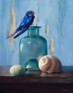 a painting of a blue bird sitting on top of a vase and seashells