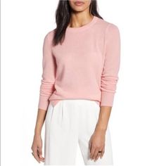 Halogen 100% Cashmere Crew Pullover Sweater In Pink Pullover Pink Long Sleeve Sweater For Work, Pink Cashmere Sweater For Work, Pink Fine Knit Sweater For Workwear, Everyday Pink Crew Neck Sweater, Pink Crew Neck Sweater For Work, Bright Pink Sweater, Yellow Knit Sweater, Light Pink Sweaters, Pink Pullover