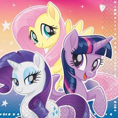 three little ponys standing next to each other in front of a pink sky with stars