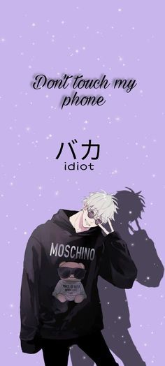 a man standing next to a purple background with the words don't touch my phone