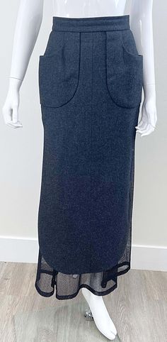 For Sale on 1stDibs - Beautiful vintage 80s KARL LAGERFELD gray and black wool and lace mini maxi skirt ! Features soft grey wool with black mesh lace underlay. hidden zipper Fitted Gray Wool Skirt, Lace Vintage, Black Mesh, Black Wool, Karl Lagerfeld, Hidden Zipper, Vintage Finds, Vintage Clothing, Black Lace