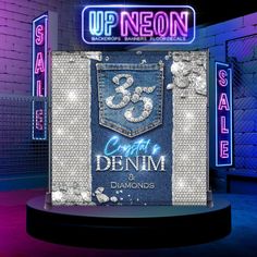 the denim and diamonds display is displayed in front of neon signs