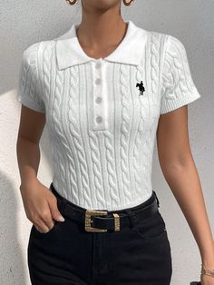 Blanco Casual Collar manga corta Tela Color combinado,Floral  Embellished Estiramiento medio Short Sleeve Sweaters, Drop Shoulder Cardigan, Shapewear Tops, Short Sleeve Sweater, Knit Shorts, Women Corset, Casual Streetwear, Short Sleeved Sweaters, Kids Sleepwear