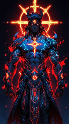 an image of a man in armor with red and blue lights on his chest, holding a