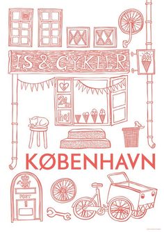 a drawing of a store front with the words kobenhavn written in red