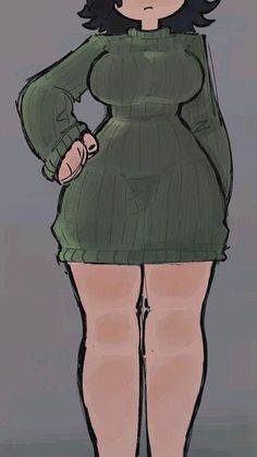 a drawing of a woman in a green dress with her hands on her hips, looking over her shoulder