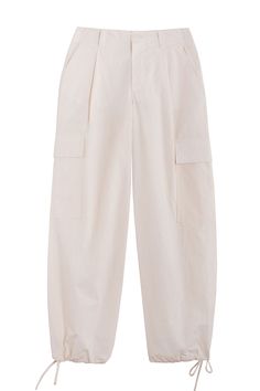 Loosely tailored cargo pant in a soft yet structured cotton. Straight leg with tie at ankle, cinch for a more tapered silhouette. Side pockets and oversized patch pockets above knee. Made in New York City. Fabric is 100% cotton. Ella is 6' tall, 35" bust, 26" waist, 36" hip, and is wearing a size S. High-waisted Cotton Cargo Pants With Multiple Pockets, Baggy Cotton Cargo Jeans For Workwear, Wide-leg Parachute Pants With Side Pockets For Work, Spring Cargo Pants With Pockets For Workwear, Relaxed Fit Ankle-length Cargo Parachute Pants, Spring High-waisted Cargo Pants With Pockets, High-waisted Cotton Cargo Jeans For Work, High-waisted Parachute Pants With Cargo Pockets For Workwear, Relaxed Fit Cargo Style Parachute Pants