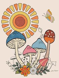 an image of mushrooms and butterflies in the sun