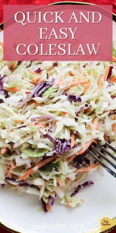 a white plate topped with coleslaw next to a fork