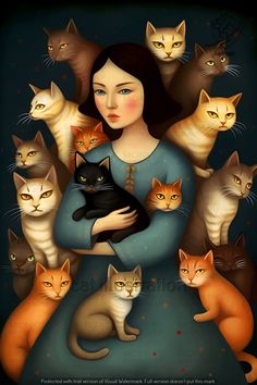 a painting of a woman holding a cat surrounded by many cats in her arms, all looking at the camera