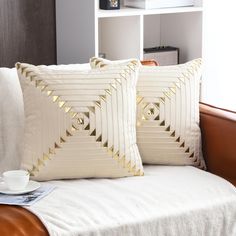 two decorative pillows on a couch with a cup and bookcase in the back ground