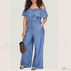 Elluis - Stylish Off-Shoulder Ruffle Jumpsuit featuring Denim Pants Trendy Off-shoulder Jumpsuits And Rompers For Spring, Casual Strapless High Waist Jumpsuit For Spring, Chic Denim Blue Strapless Jumpsuit For Spring, Spring Strapless Wide-leg Jumpsuit With Pockets, Spring Denim Blue High Waist Strapless Jumpsuit, Spring Strapless Wide Leg Jumpsuit With Pockets, Casual Non-stretch Strapless Jumpsuit For Spring, Casual Strapless Jumpsuit With Pockets For Spring, Cotton Strapless Jumpsuit With Pockets For Spring