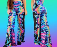 "Have all eyes on you at your next festival with these super psychedelic cotton flare pants featuring my digital artwork design I titled \"Euphoria\" THIS LISTING IS FOR THE PANTS ONLY- if you want a matching top please message me to inquire! PLEASE UNDERSTAND THESE PANTS ARE MADE TO ORDER BY THE CLOTHING MANUFACTURER I USE! I design the artwork and the placement on the clothing myself, but I do not sew as I am a full time artist and spend most of my time painting and designing. I do not current Hippie Fitted Bottoms For Festivals, Summer Hippie Flares, Multicolor Flare Pants For Festival, Flare Multicolor Pants For Festival, Hippie Flared Festival Bottoms, Hippie Flare Festival Bottoms, Hippie Flare Bottoms For Festival, Fitted Multicolor Bottoms For Festival, Hippie Style Multicolor Flare Bottoms