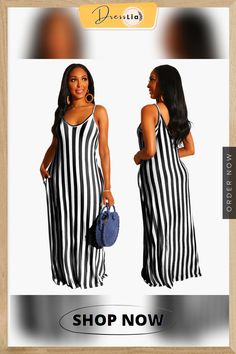 Casual Loose Striped Print Sleeveless V-neck Dress Striped V-neck Sundress, Casual Striped V-neck Sleeveless Dress, Striped V-neck Summer Sundress, Casual V-neck Dress With Spaghetti Straps For Spring, Striped Sleeveless Vacation Dresses, Sleeveless Striped Vacation Dresses, Casual Summer V-neck Maxi Dress, Summer Sleeveless V-neck Dress For Day Out, Sleeveless V-neck Summer Dress For Day Out